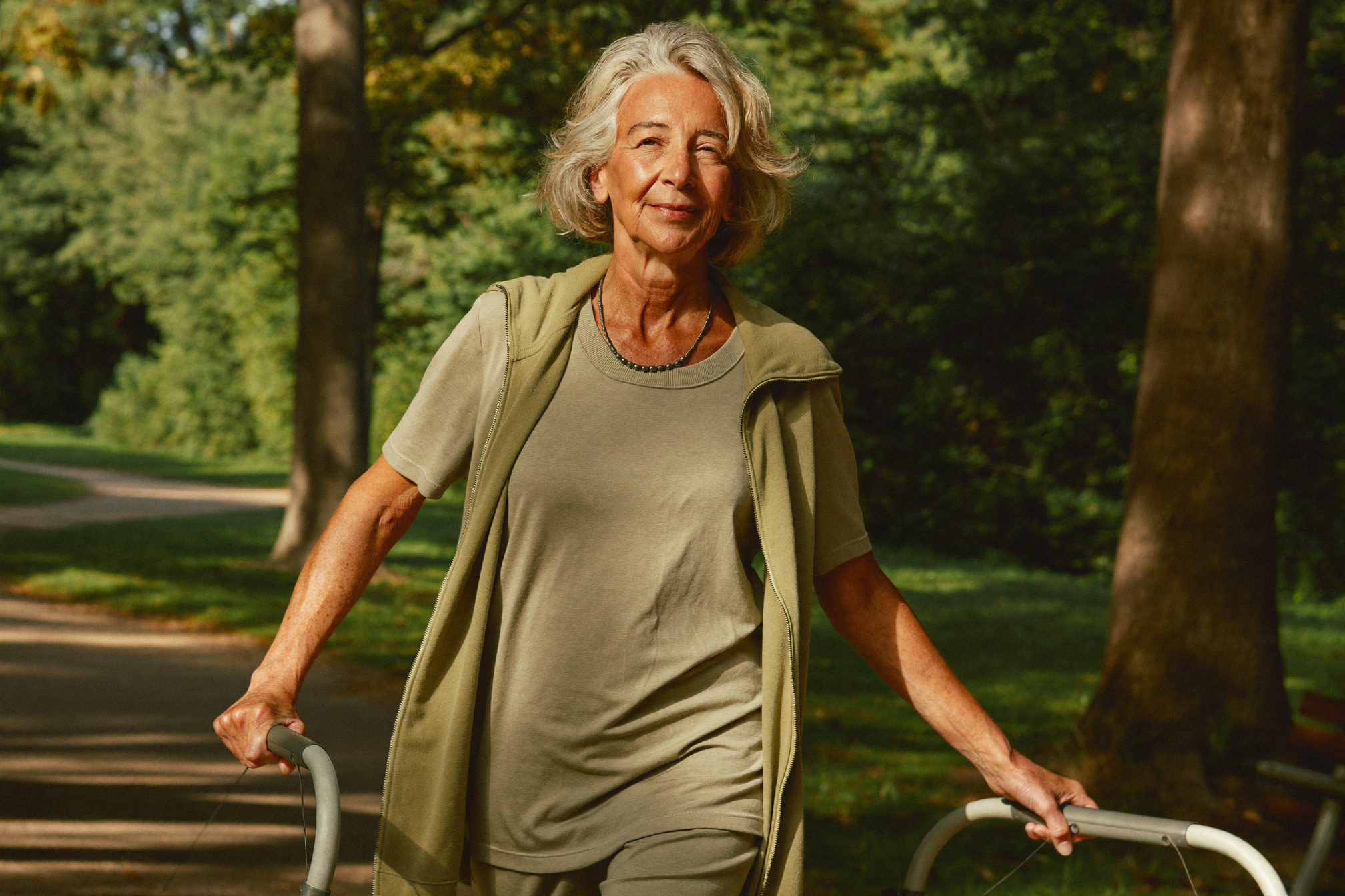 Active woman in her late forties walking on a tree-lined park path