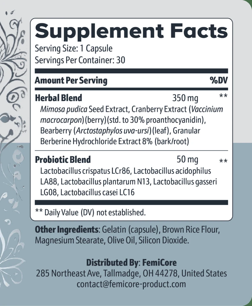 FemiCore Supplement Facts label showing the 350 mg herbal blend and 50 mg five-strain probiotic blend