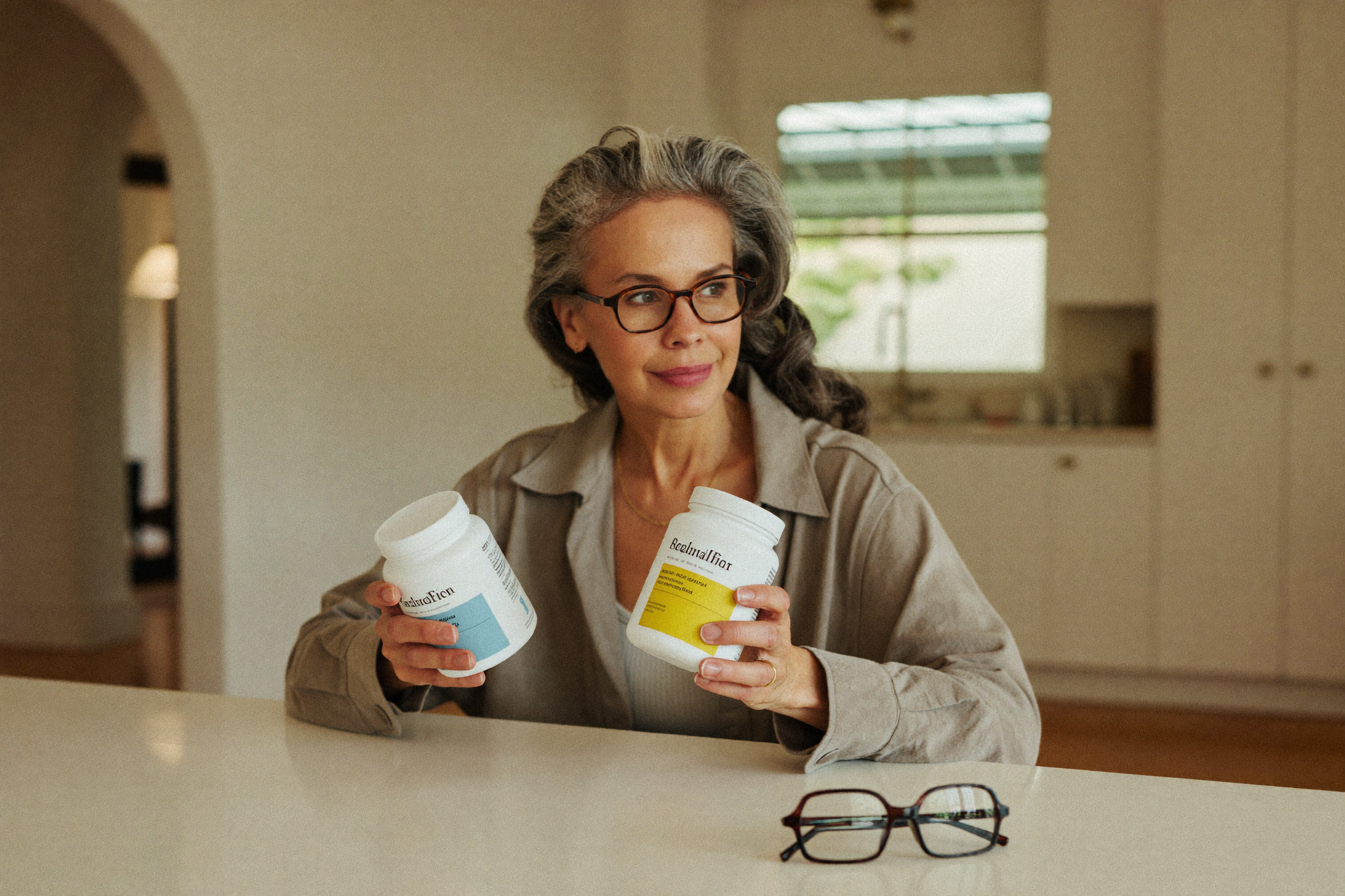 Woman in her fifties comparing two supplement bottles at her kitchen table