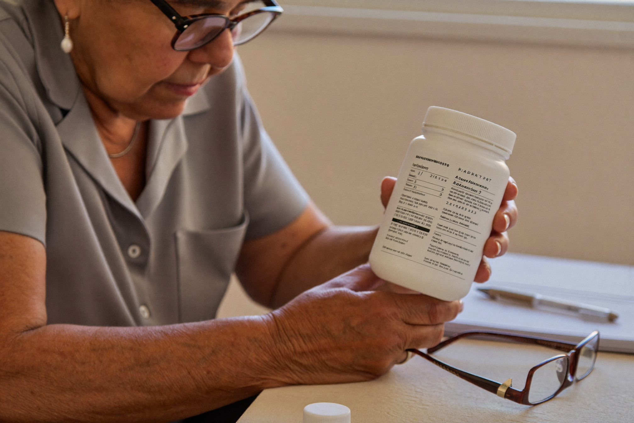 Woman reading the label on a supplement jar with a notebook